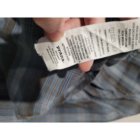 Prana Mens SZ XX Large Button Up Shirt FLAWED Plaid Brown Blue Long Sleeve - Picture 10 of 12